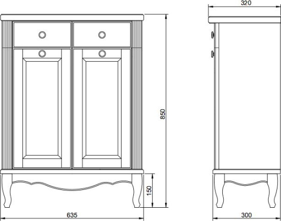 Тумба ValenHouse Лиора 65 с 2 бельевыми корзинами, белая, фурнитура золото
