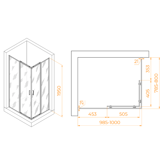 Душевой уголок RGW Passage PA-040B 1000x800x1950 профиль черный, стекло матовое