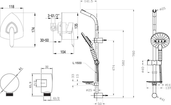 Душевой комплект Lemark Mars LM3523C + LM8072C + LM8086C