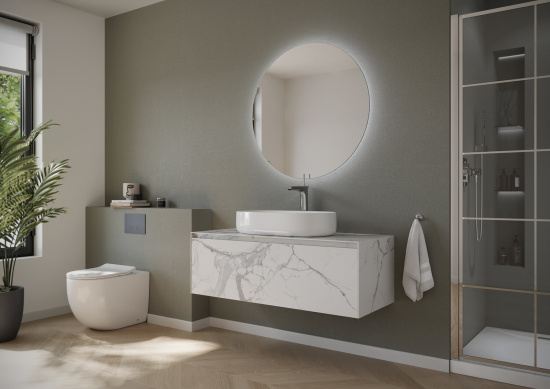 Тумба с раковиной Sancos Stone 120 со столешницей из керамогранита черный марамор, подвесная