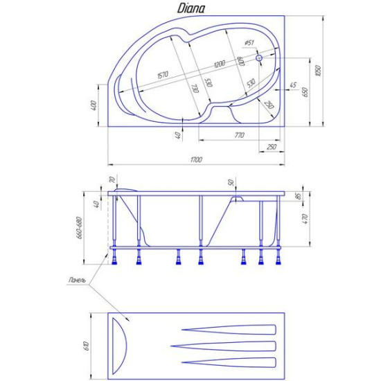 Акриловая ванна 1MarKa Diana R 170x105 см