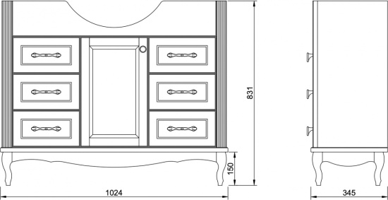 Тумба с раковиной ValenHouse Эллина 105 слоновая кость, 6 ящиков, 1 дверца, ручки золото