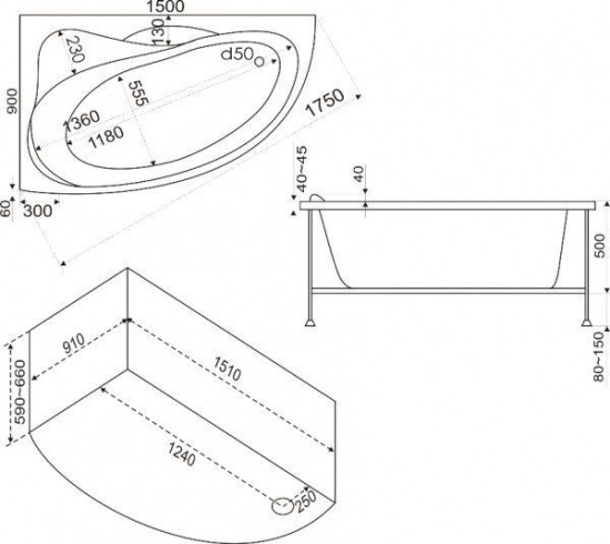 Акриловая ванна Bas Вектра 150 см L