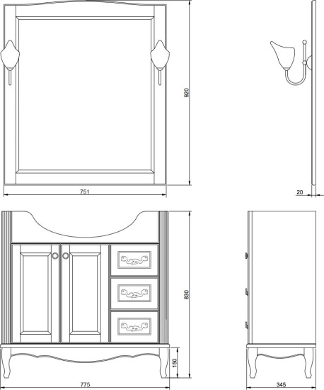 Мебель для ванной ValenHouse Эллина 85 слоновая кость, фурнитура хром