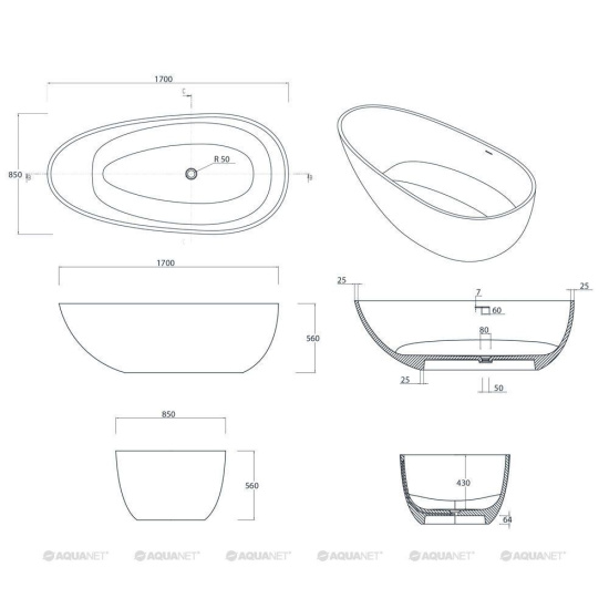 Ванна из искусственного камня Aquanet Miracle TC-S06B 170x85 см. глянцевая