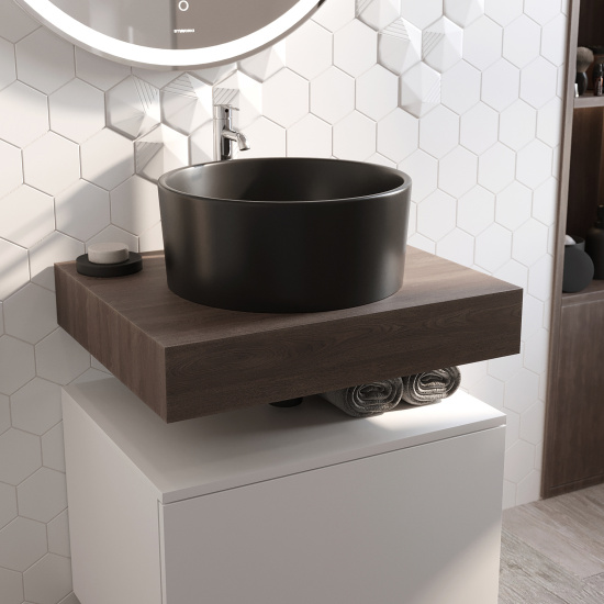 Столешница Stworki Ольборг 60 дуб карпентер, без отверстий, с тумбой 60, с раковиной Stworki Rotenburg 40 черной