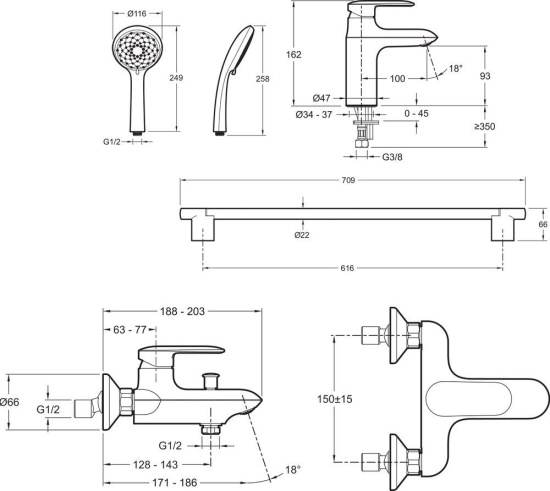 Душевой комплект Jacob Delafon Kumin E99447-CP + E99460-CP + E99899RU-CP