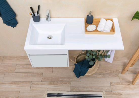 Тумба с раковиной Aquanet Токио 130 L белая подвесная, 1 ящик