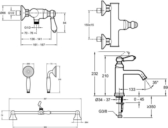 Душевой комплект Jacob Delafon Louise E24362-CP + E24364-CP + E24360-CP
