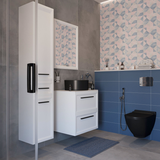 Мебель для ванной Stworki Эстерсунд 60 белая матовая, простоун беж, с раковиной Rotenburg 40 черной