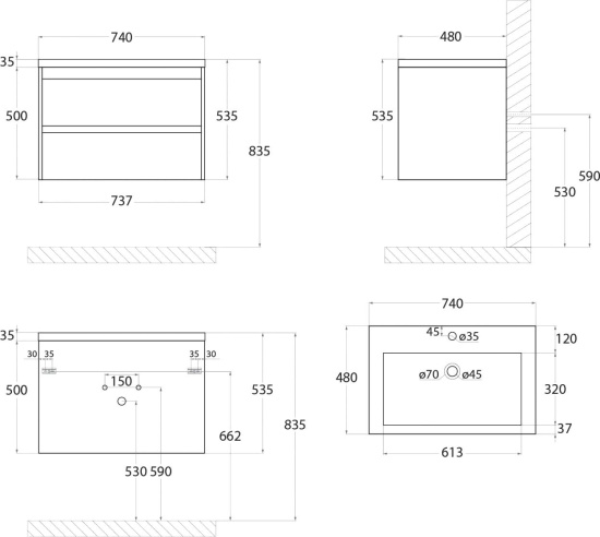 Мебель для ванной Art&Max Family 75, подвесная, Pino Bianco