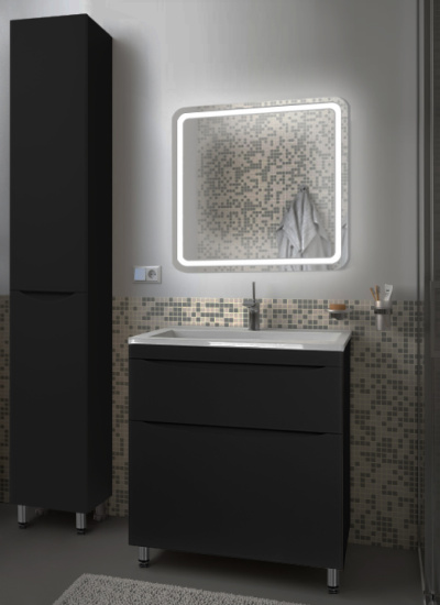 Тумба с раковиной Style Line Бергамо мини 70 2 ящика Люкс антискрейтч черная, Plus напольная