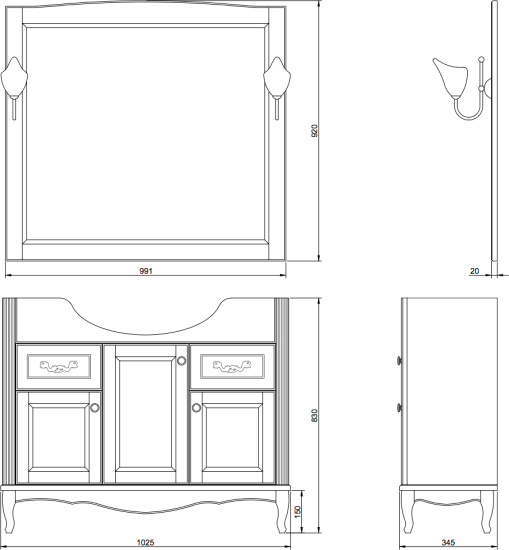 Мебель для ванной ValenHouse Астер 105 кальяри, фурнитура бронза