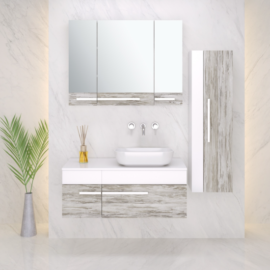 Тумба с раковиной Runo Вудлайн 100 скандинавский дуб, раковина Moduo 50 square