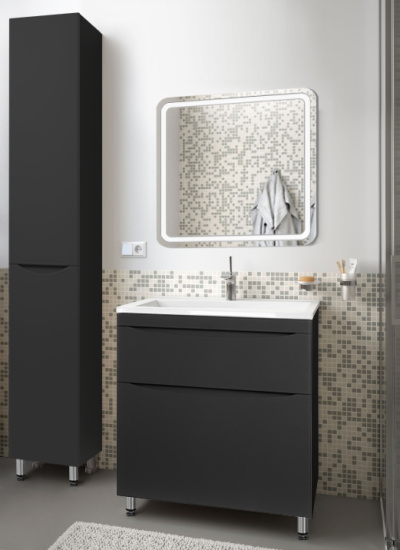 Тумба с раковиной Style Line Бергамо мини 60 2 ящика Люкс антискрейтч черная, Plus напольная