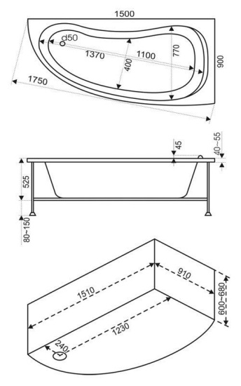 Акриловая ванна Bas Алегра 150 см R с г/м