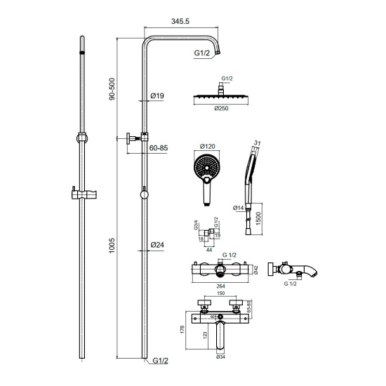 Душевая стойка AQUAme Siena AQM8008BG с термостатом
