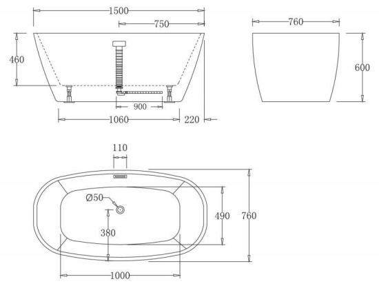 Акриловая ванна Belbagno BB72-1500 150 см