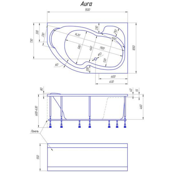 Акриловая ванна 1MarKa Aura 150 см R