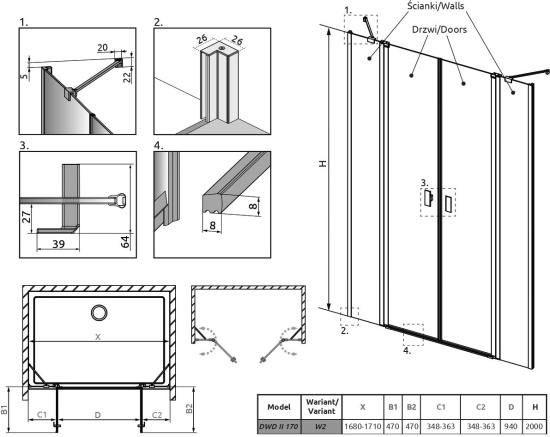 Душевая дверь в нишу Radaway Nes DWD II 10037093-01-01 + 10041077-01-01 170 см