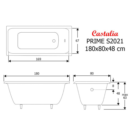 Чугунная ванна Castalia Prime S2021 180x80 с ручками