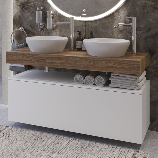 Мебель для ванной с раковиной Duravit D-Neo 40: столешница 120, дуб французский, без отверстий + 2 тумбы 60, + 2 раковины