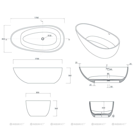 Ванна из искусственного камня Aquanet Miracle TC-S06B 170x85 см. матовая
