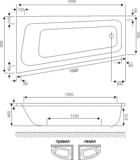 Акриловая ванна Excellent Ava Comfort 150x80 см левая с гидромассажем