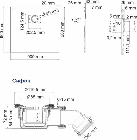 Поддон для душа Wasserkraft Elbe 74T03 90x90