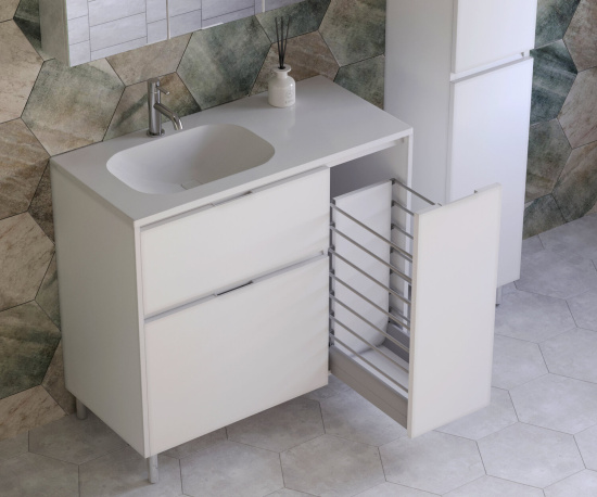 Тумба с раковиной Style Line Барселона 90 L 2 ящика с выкатной корзиной, Люкс белая, Plus