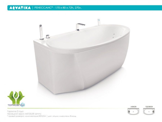 Акриловая ванна Aquatika Ренессанс 170 см Sensa