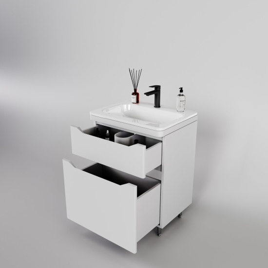 Тумба с раковиной Style Line Марелла 60 2 ящика Люкс антискрейтч белая матовый, Plus напольная
