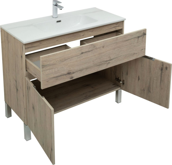 Тумба с раковиной Aquanet Алвита new 100 напольная, дуб веллингтон белый, с дверками и ящиком