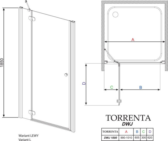 Душевая дверь в нишу Radaway Torrenta DWJ 100 прозрачное стекло L