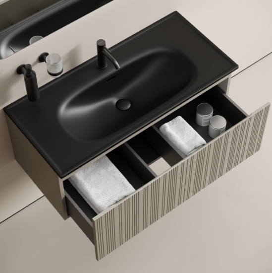 Тумба с раковиной Sancos Code 100 подвесная, серая платина, раковина черная