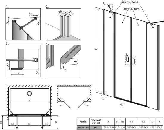 Душевая дверь в нишу Radaway Nes DWD II 10037083-01-01 + 10041077-01-01 160 см