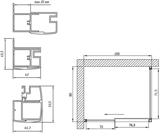 Душевой уголок Vegas Glass ZP+ZPV NOVO 155*80 03 01 профиль золото матовое, стекло прозрачное