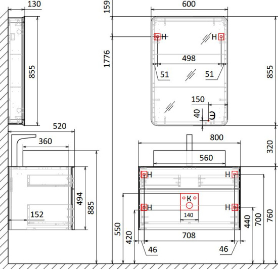 Тумба с раковиной Raval Pure 80 подвесная