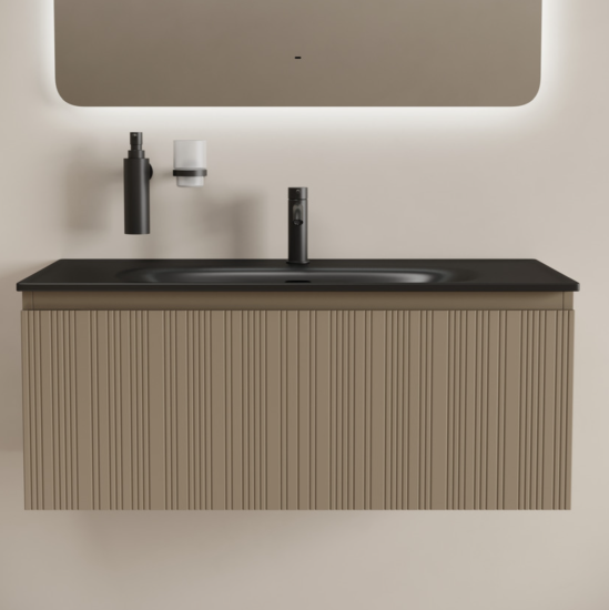 Тумба с раковиной Sancos Code 100 подвесная, серо-бежевая, раковина черная