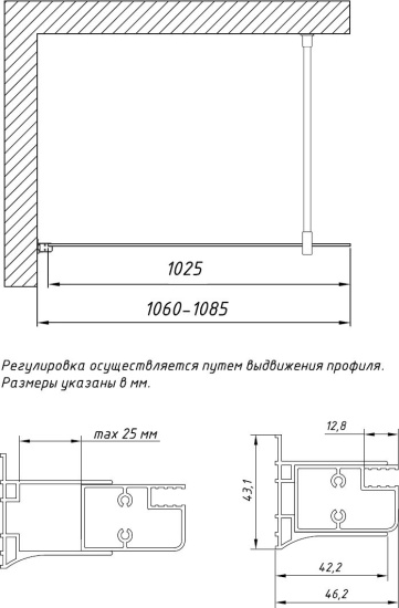 Душевая перегородка Vegas Glass EAF 106 08 01 профиль глянцевый хром, стекло прозрачное