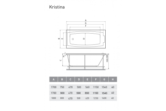 Акриловая ванна Relisan Kristina 170x90