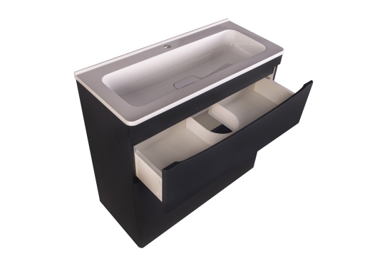 Тумба с раковиной Style Line Бергамо мини 80 2 ящика Люкс антискрейтч черная, Plus напольная