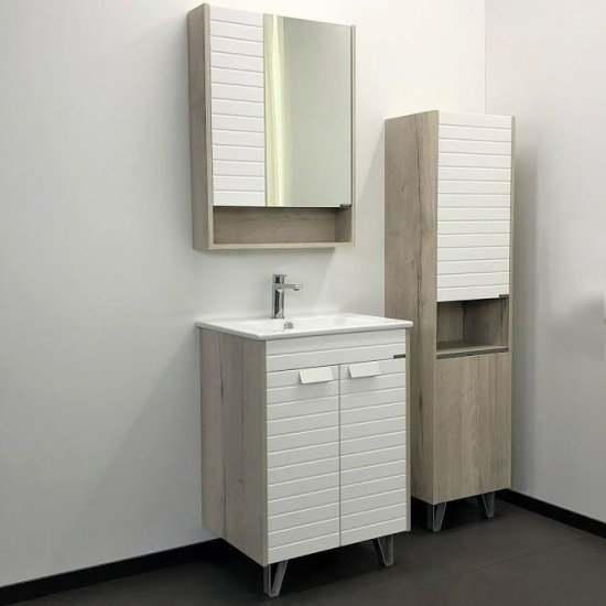 Тумба с раковиной Comforty Клеон 60, белый, дуб дымчатый, с раковиной 9060M