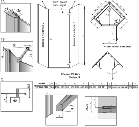 Душевой уголок Radaway Essenza New Black PTJ 90х100 R