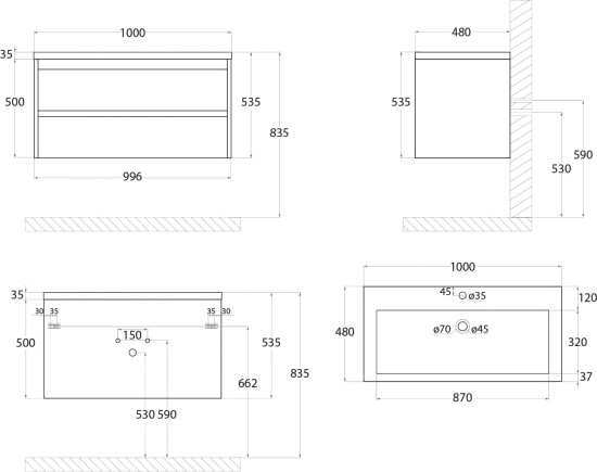 Тумба с раковиной Art&Max Family 100 подвесная, bianco lucido
