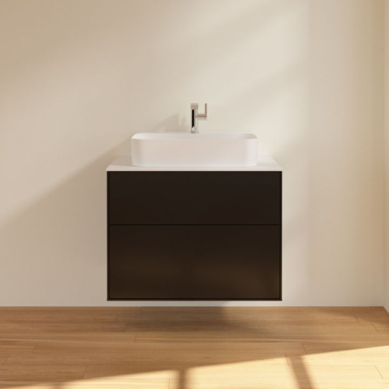 Тумба с раковиной Villeroy & Boch Finion 80 black matt lacquer, glass white matt, с настенным освещением