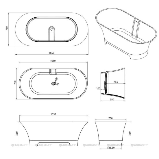 Ванна из искусственного камня Aquanet Bloom Ellipse TC-S92 165x75 см. матовая