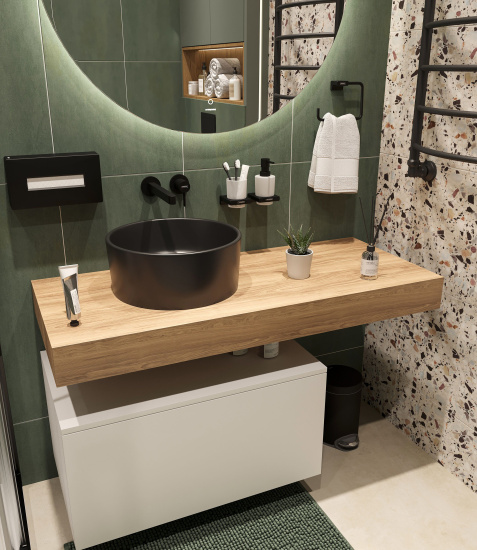 Мебель для ванной Stworki Ольборг 120 столешница дуб французский, без отверстий, с тумбой 80, с раковиной Stworki Rotenburg 40 черной