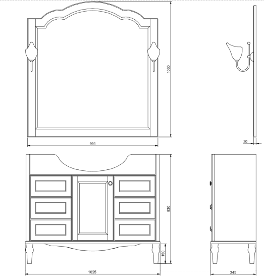 Мебель для ванной ValenHouse Астер 105 патина золота