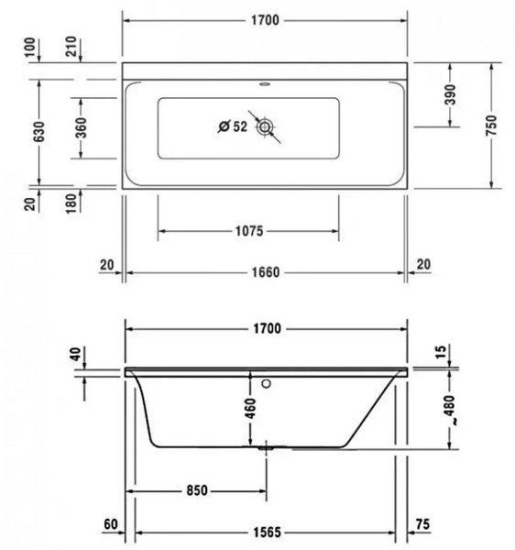 Акриловая ванна Duravit P3 Comforts 170х75 см наклон спины DX